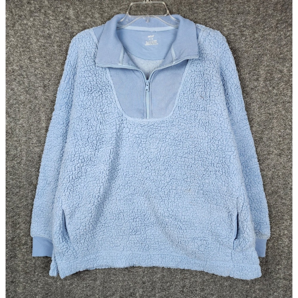 Aerie Pullover Women Large Blue Sherpa Quarter Zip Oversized Cozy Pockets